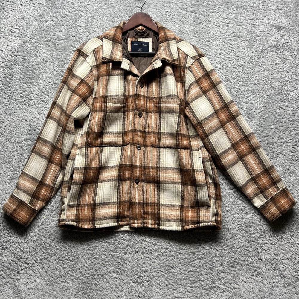 Abercrombie & Fitch Flannel Shirt Jacket Shacket Men Medium Brown Plaid Relaxed